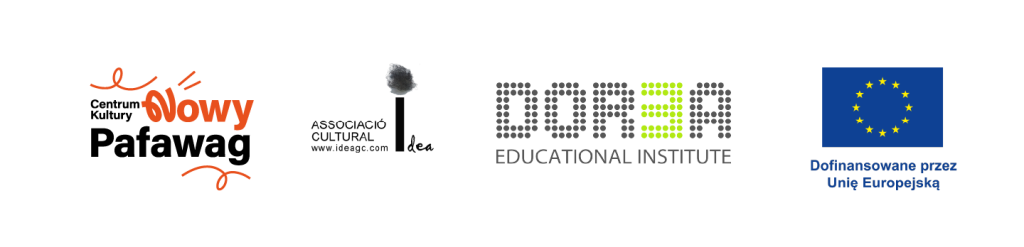 Logotypy organizacji Centrum kultury nowy pafawag, Stowarzyszenia IDEA, Organizacji DOREA i Unii Europejskiej