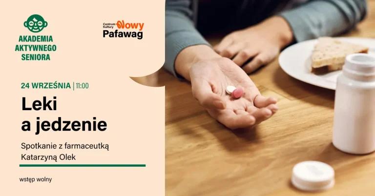 Dłoń, na której leżą leki. Na drugim planie kanapki na talerzu