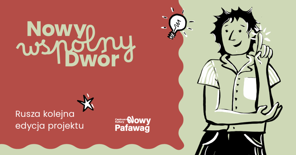 Ilustracja chłopaka, który ma pomysł i logo projektu Nowy Wspólny Dwór