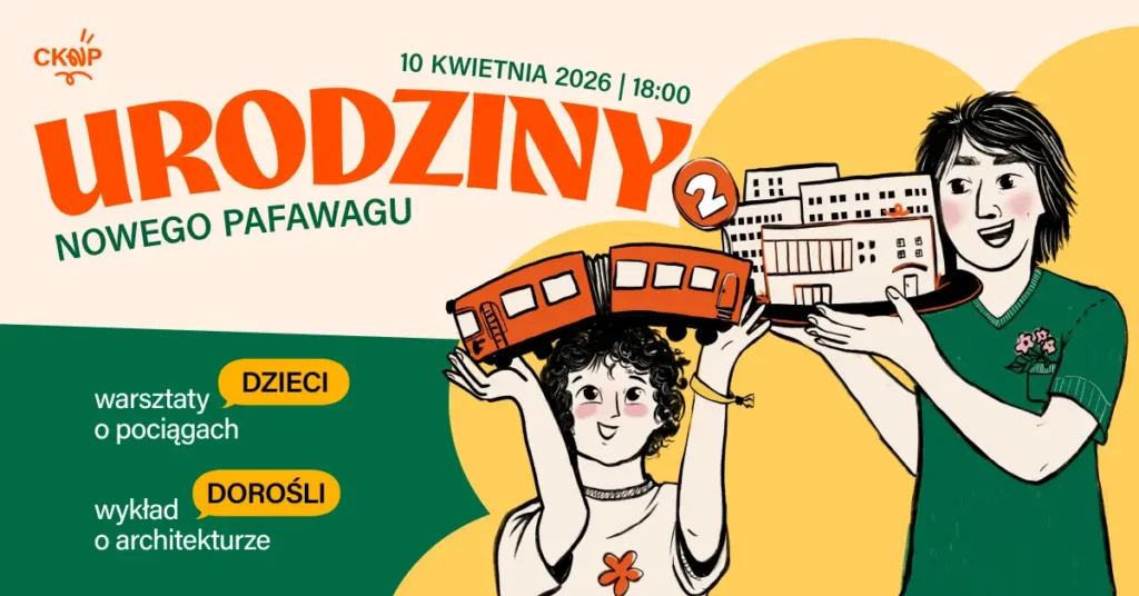 Rysunkowe postaci trzymają w dłoniach miniaturki budynku centrum oraz wagonów kolejowych