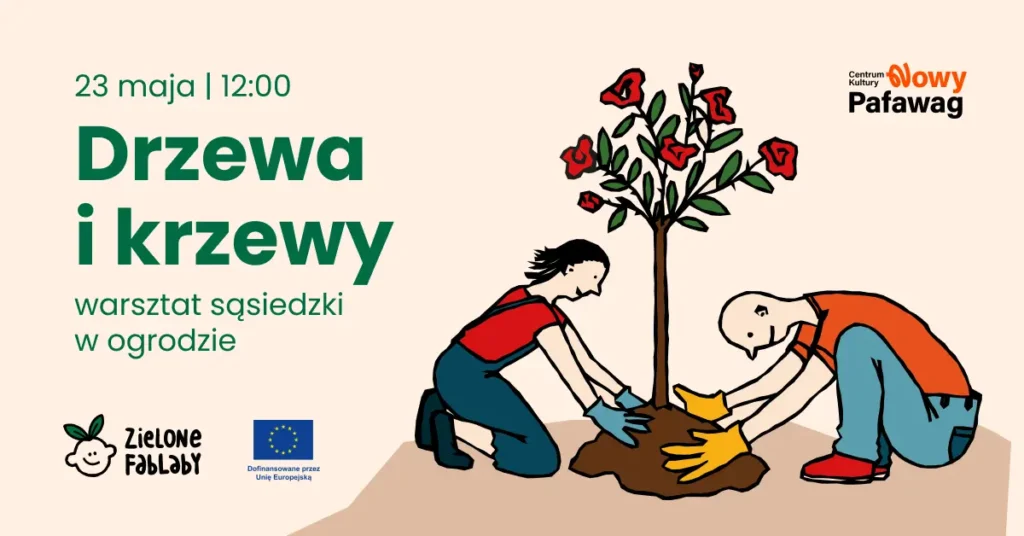 rysunek na którym 2 osoby sadzą drzewko z liśćmi i kwiatami