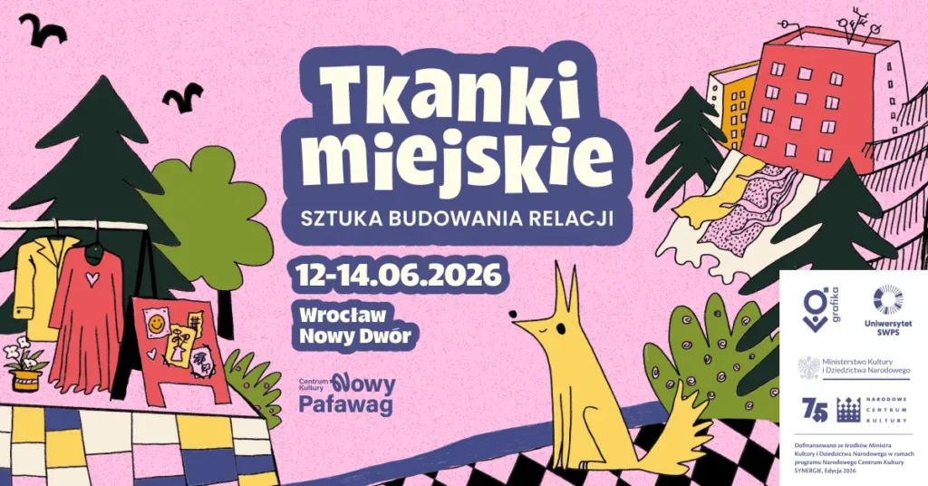 Rysunkowe przedstawienie osiedla bloki mieszkalne drzewa i pies na pierwszym planie