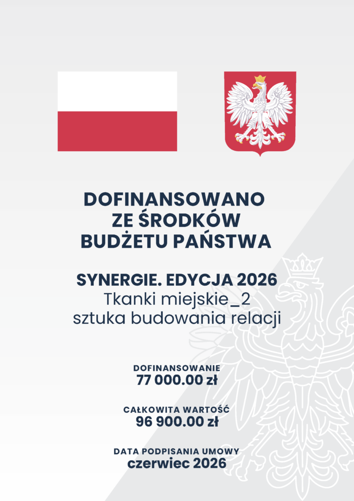 Plakat informacyjny o dofinansowaniu do projektu. Dofinansowanie 77000 zł, całkowita wartość projektu 96900 zł, data podpisania umowy czerwiec 2026