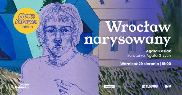 szkic osoby na tle budynków
